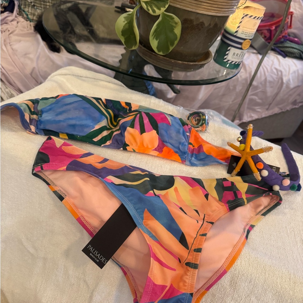 Palisades med Colorful Floral Bikini Set bonus handmade starfish headband nwt
